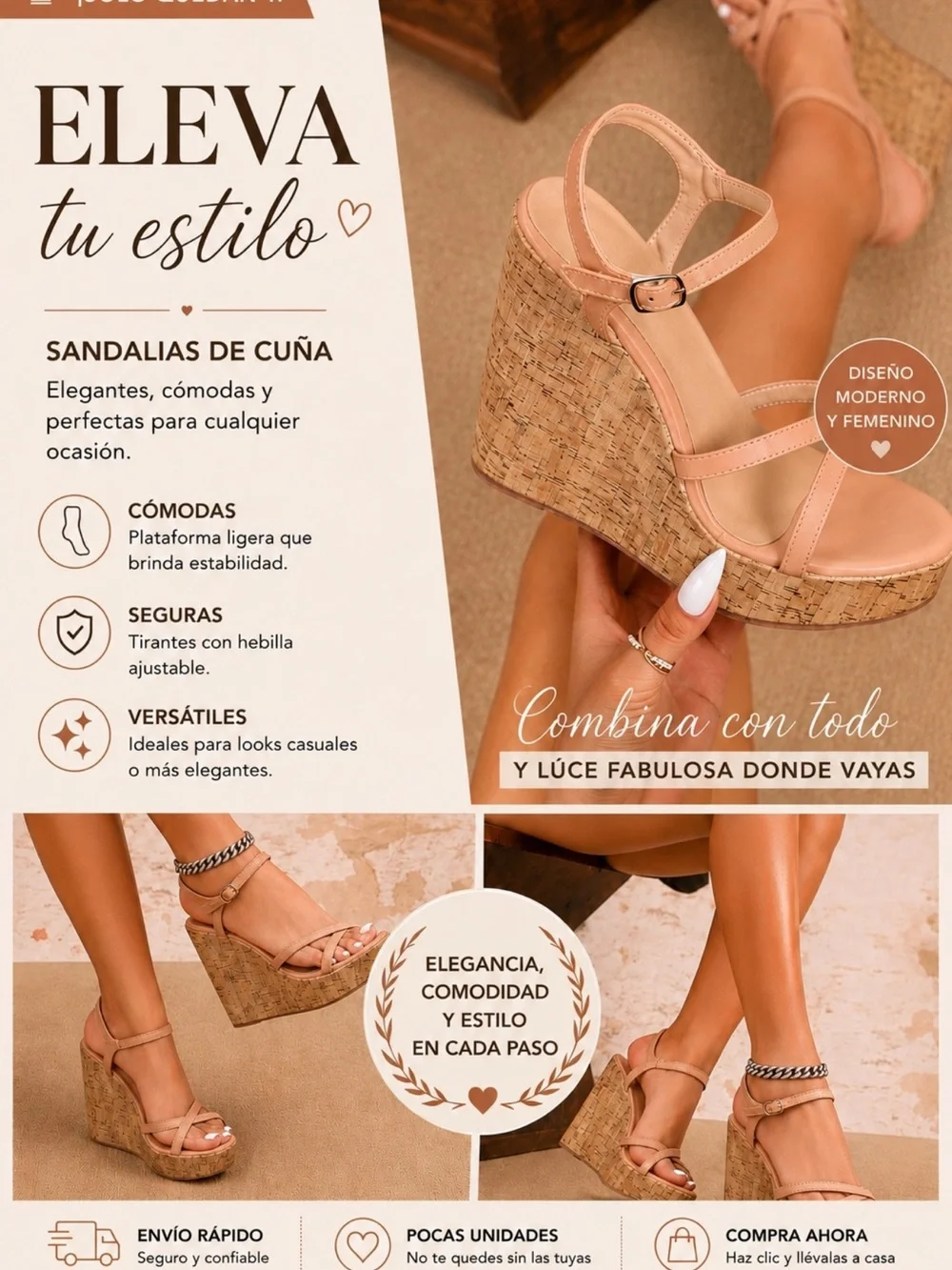 Wedge Sandals - Nude Strappy Cork Platform